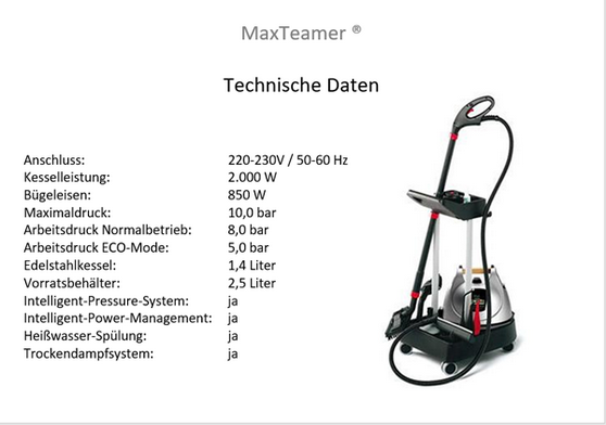 Technische Daten Trocken-Dampfgerät Maxteamer